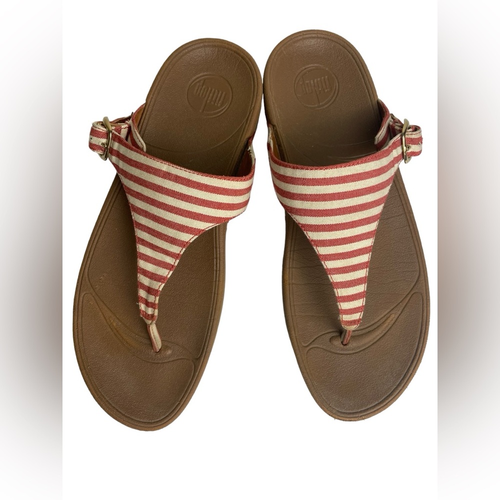FITFLOP The Skinny Thong Wedge Sandals Comfort Women’s Red Stripe 550-002 Sz 10